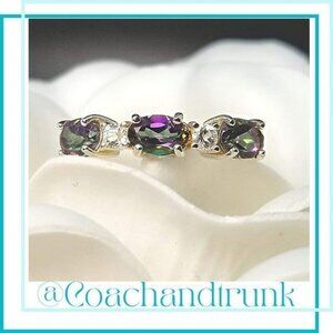 925 Sterling Silver Genuine Mystic Fire Topaz Oval Cut & White Topaz Size 9 NWT